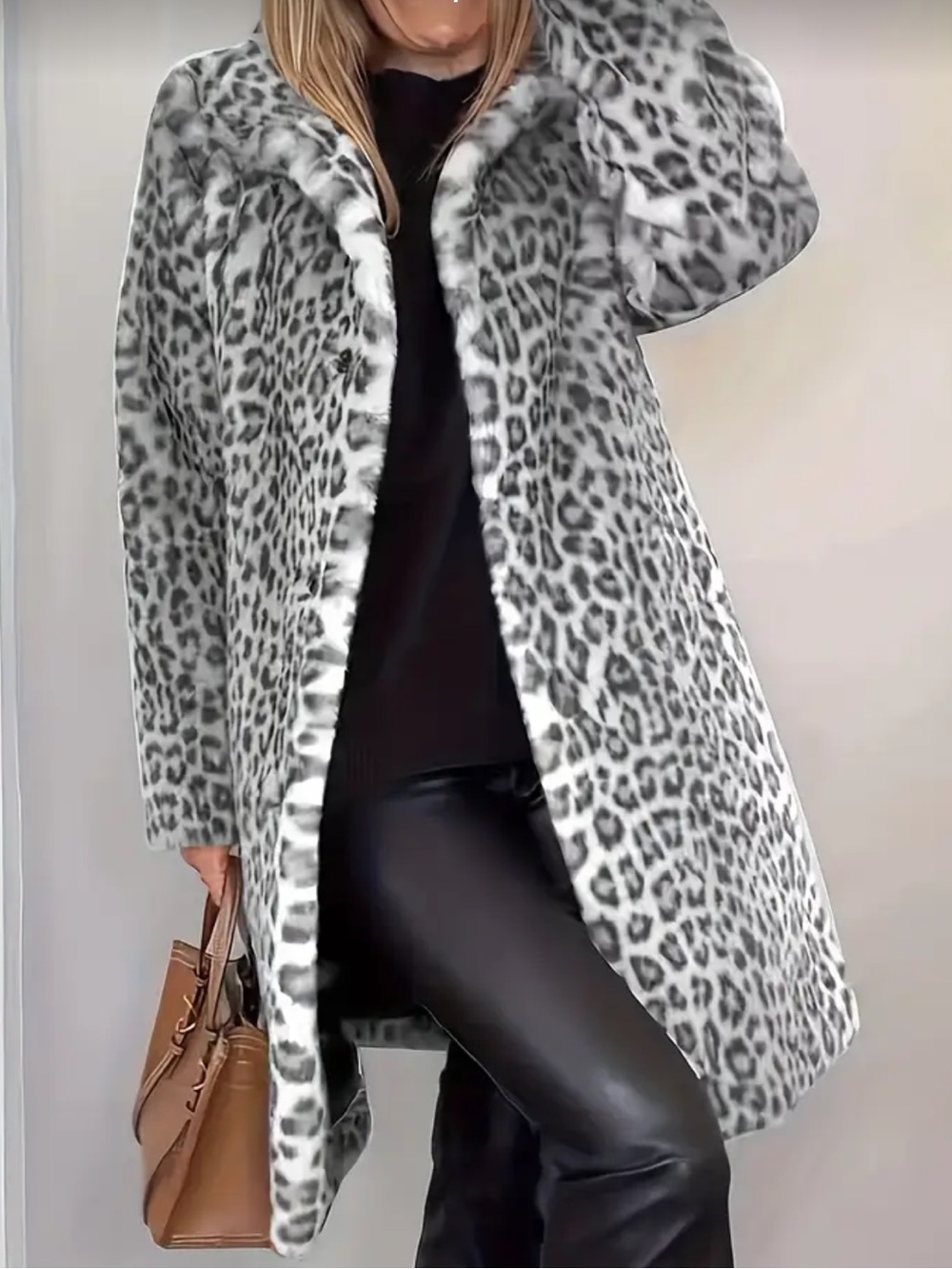 Leopard Print Faux Fur Coat - Grey/White